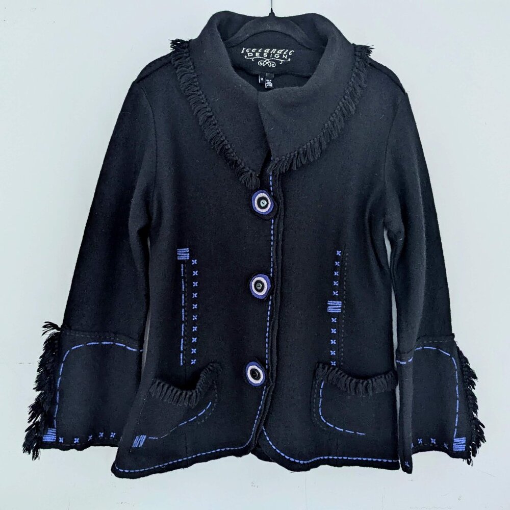 Icelandic Design Black Cardigan Sweater Embroidered 100% Wool Size M
